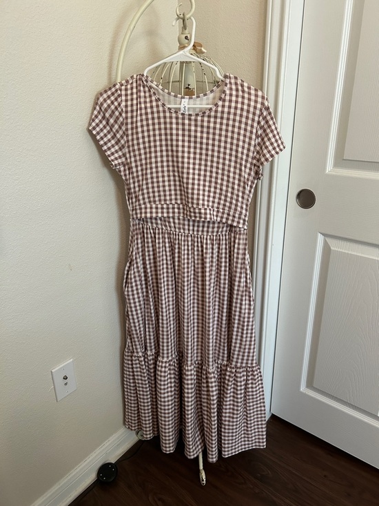 The dress lady Dresses & Skirts - Nursing Brown Gingham Tiered Midi Dress